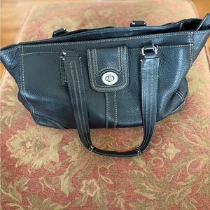 Vintage Coach Black Leather Tote with Silver Hardware